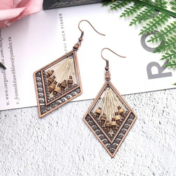 Hand Woven Boho Chic Diamond Shape Dangle Earrings - Picture 8 of 9